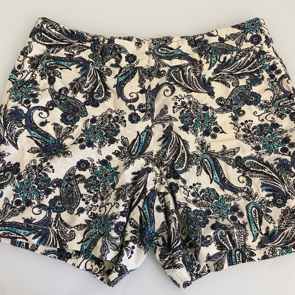 LOFT Paisley Print Shorts Casual Linen Blend Blue White Size 8 Beach Coastal